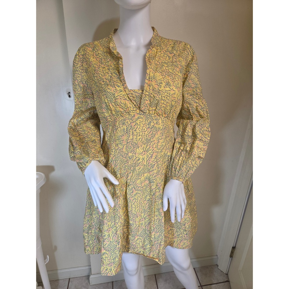 Derek Lam Collective Yellow Floral Cotton Mini Dress‎ Long Sleeve V-Neck Size 40